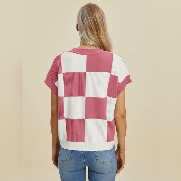 Double Take Full Size Checkered Round Neck Short Sleeve Sweater - Picture 5 of 7